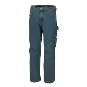 Spodnie z dekatyzowanego dżinsu 68% bawełny 29% poliestru 3% streczu 284 g/m2 w tym duża lewa kieszeń zapinana na zatrzask z boku uchwyt na narzędzia zapinany na rzep regulacja paska rozmiar XS