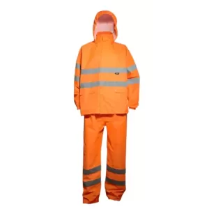 Komplet przeciwdeszczowy ostrzegawczy oxford 150D kurtka z kapturem i spodnie kolor pomarańczowy rozmiar L