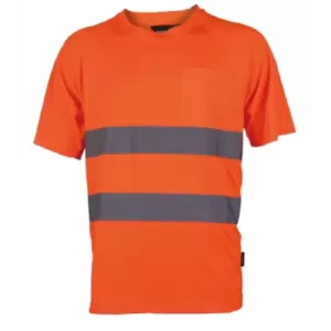 Shirt ostrzegawczy o intensywnej widzialności przewiewny poliester pique 2 taśmy odblaskowe poziome pomarańczowy rozmiar m T