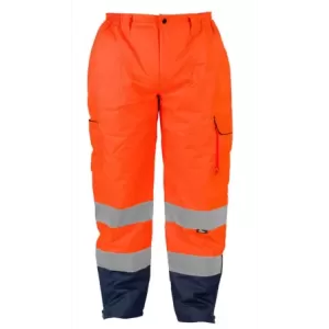 Spodnie robocze z grubą pikowaną podszewką ostrzegawcze o inensywnej widzialności oxford przeciwdeszczowe dół nogawki regulowany za pomocą zamka pomarańczowo-granatowe rozmiar XL