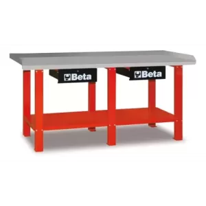 Stół warsztatowy z dwiema szufladami i półką blat pokryty blachą stalową ocynkowaną czerwony 930x2000x640mm