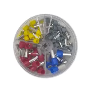 Zestaw końcówek tulejkowych izolowanych w plastikowym pudełku (50x4/10 szare 20x6/12 żółte 20x10/12 czerwona 10x16/12 niebieskie)