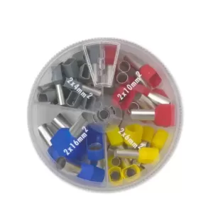 Zestaw końcówek tulejkowych podwójnych izolowanych w plastikowym pudełku (20x4/12 szare 10x6/14 żółte 10x10/14 czerwona 5x16/14 niebieskie)