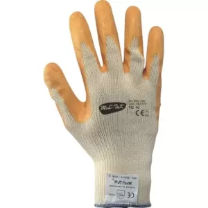 Rękawice robocze bezszwowe bawełniano-poliestrowe pokryte marszczonym lateksem kolor żółto-pomarańczowy rozmiar 9