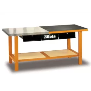 Stół warsztatowy z trzema szufladami i półką blat pokryty blachą aluminiową i gumą pomarańczowy 865x2000x640mm