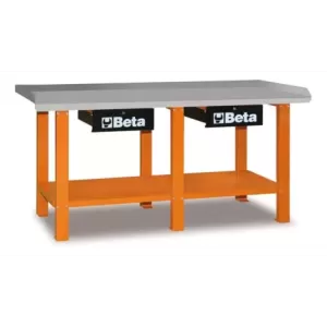 Stół warsztatowy z dwiema szufladami i półką blat pokryty blachą stalową ocynkowaną pomarańczowy,model 5600/C56O 930x2000x640mm