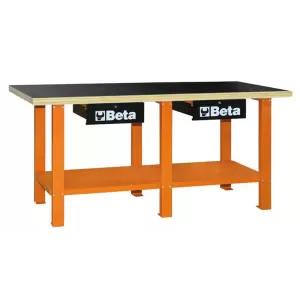 Stół warsztatowy z dwiema szufladami i półką blat ze sklejki wielowarstwowej pomarańczowy,model 5600/C56W 930x2000x720mm