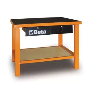 Stół warsztatowy z dwiema szufladami i półką blat pokryty gumą pusty pomarańczowy 865x1250x640mm